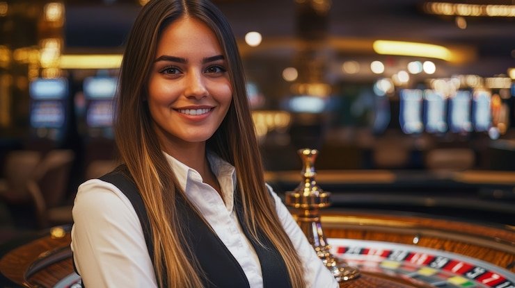 Tampilan meja Ceme Online dengan dealer langsung di studio erek 29, menampilkan kartu-kartu domino dan pemain di berbagai sisi meja